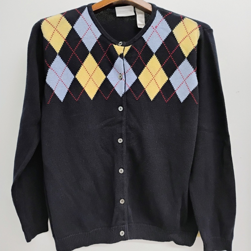 Liz Claiborne L Large‎ Cardigan Sweater Navy Blue Argyle 100% Cotton Womens
